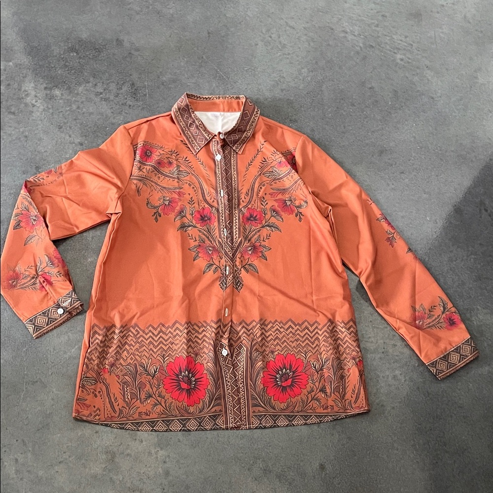Women's Floral Print Copper Button-Up Top